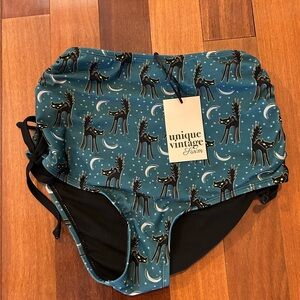 Unique Vintage Blue & Spooky Cat Print Forever Glam Swim High Top Bottoms